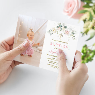 Chic White Pink Floral Gold Girl Photo Baptism Invitation