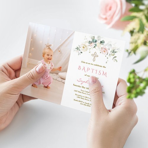 Chic White Pink Floral Gold Girl Photo Baptism  Invitation