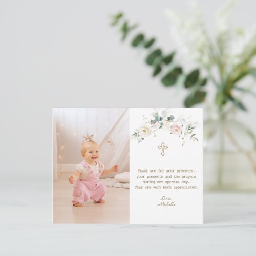 Chic White Pink Floral Gold Girl Photo Baptism  Thank You Card