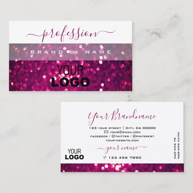Chic White Pink Purple Sparkling Glitter with Logo Business Card (Front/Back)