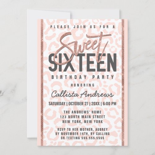 Chic White Pink Rose Gold Glitter Cheetah Sweet 16 Invitation