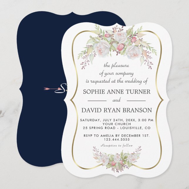 Chic White Pink Roses Navy Blue Gold Wedding Invitation (Front/Back)