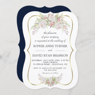Chic White Pink Roses Navy Blue Gold Wedding Invitation