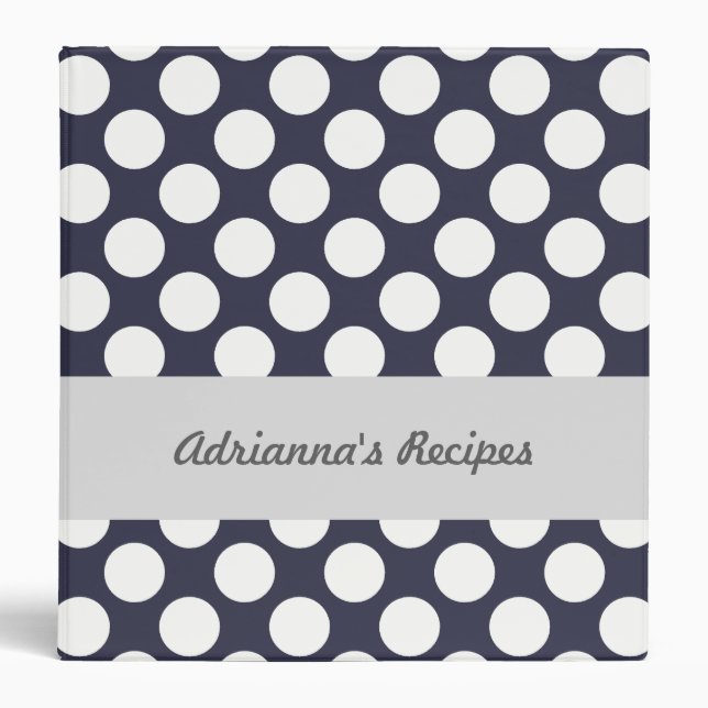 Chic White Polka Dots Navy Blue 3 Ring Binder (Front)