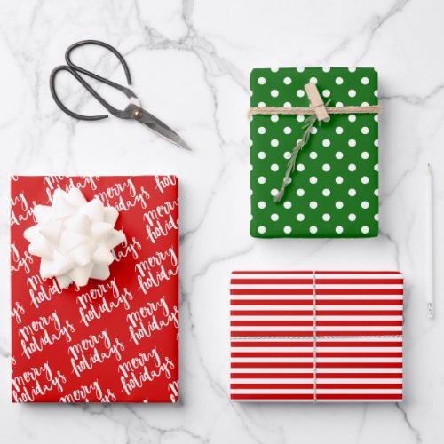 Chic White Polkadots And Stripes On Red And Green Wrapping Paper Sheets