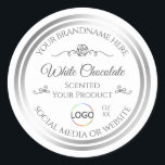 Chic White Product Label Silver Frame with Logo<br><div class="desc">*** Vintage style with rose and logo in white and silver. *** Make a lasting impression with this stylish and classy product packaging label design featuring a pretty rose graphic with curved ornaments and two shimmering silver frames on different colored backgrounds. (find on my shop „YOUR FAVORITE“) Easily customize this...</div>