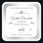Chic White Product Label Silver Frame with Logo<br><div class="desc">*** Vintage style with rose and logo in white and silver. *** Make a lasting impression with this stylish and classy product packaging label design featuring a pretty rose graphic with curved ornaments and two shimmering silver frames on different colored backgrounds. (find on my shop „YOUR FAVORITE“) Easily customize this...</div>