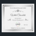 Chic White Product Label Silver Frame with Logo<br><div class="desc">*** Vintage style with rose and logo in white and silver. *** Make a lasting impression with this stylish and classy product packaging label design featuring a pretty rose graphic with curved ornaments and two shimmering silver frames on different colored backgrounds. (find on my shop „YOUR FAVORITE“) Easily customize this...</div>