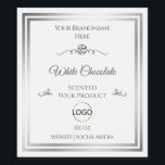 Chic White Product Label Silver Frame with Logo<br><div class="desc">*** Vintage style with rose and logo in white and silver. *** Make a lasting impression with this stylish and classy product packaging label design featuring a pretty rose graphic with curved ornaments and two shimmering silver frames on different colored backgrounds. (find on my shop „YOUR FAVORITE“) Easily customize this...</div>