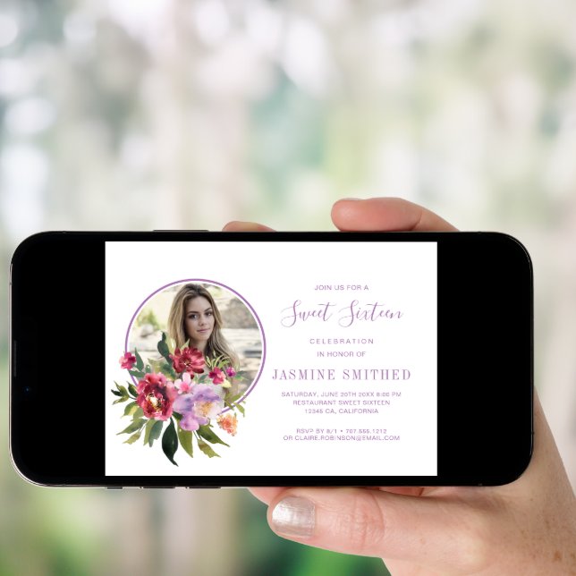 Chic White Purple Floral Themed Photo Sweet 16 Invitation (Front Digital)