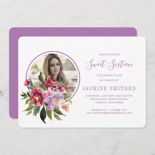 Chic White Purple Floral Themed Photo Sweet 16 Invitation