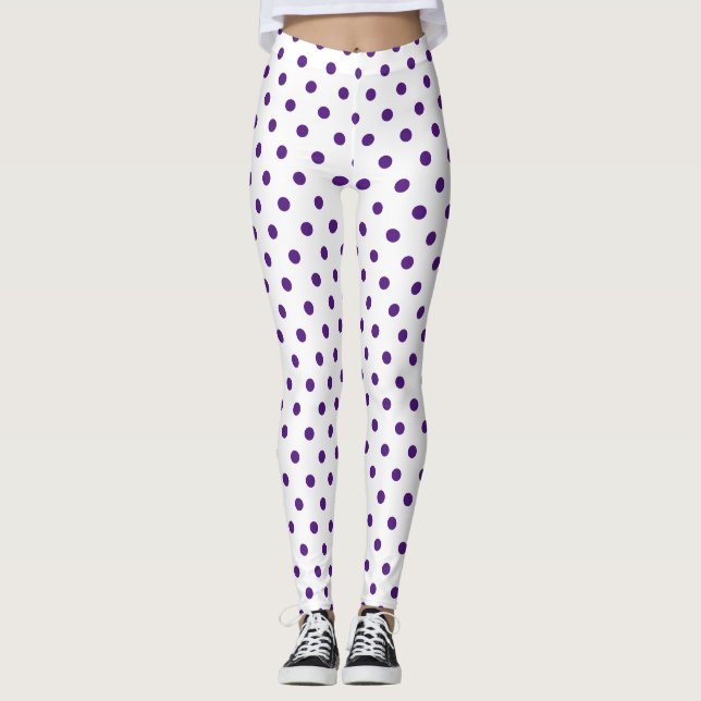 Chic White Purple Polka Dot Pattern Leggings (Front)