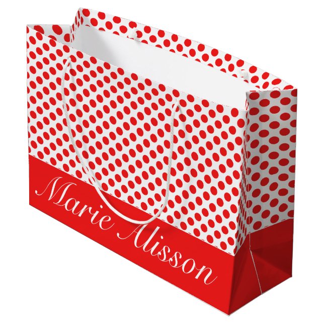 Chic White & Red Polka Dots Pattern | Custom Name Large Gift Bag (Back Angled)