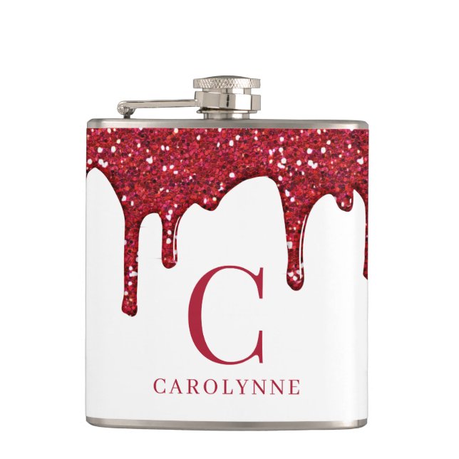 Chic White Red Sparkle Glitter Drips Monogram Flask (Front)