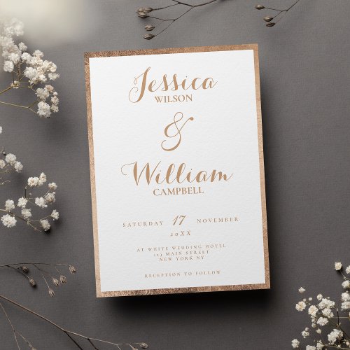 Chic white rose gold foil borders stylish wedding invitation