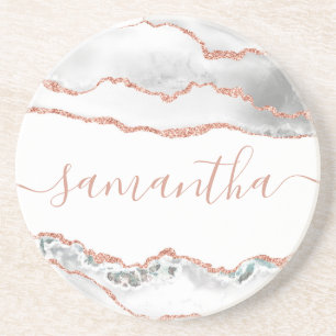 Chic White Rose Gold Glitter Agate Custom Name Coaster