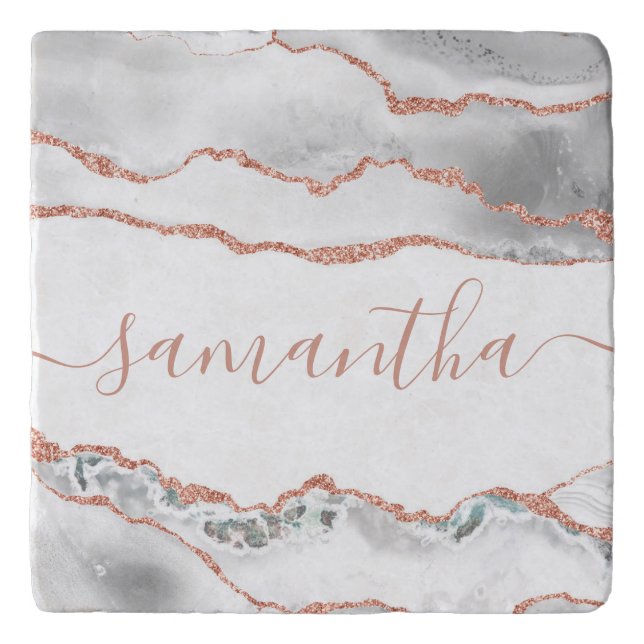 Chic White Rose Gold Glitter Agate Custom Name Trivet (Front)