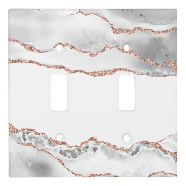 Chic White Rose Gold Glitter Agate Marble Light Switch Cover (Front)