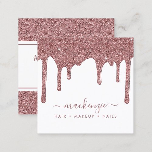 Chic White Rose Gold Sparkle Glitter Drips Square Business Card