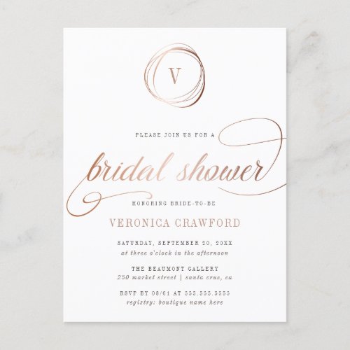 Chic White  Rose Gold Typography Bridal Shower Invitation Postcard