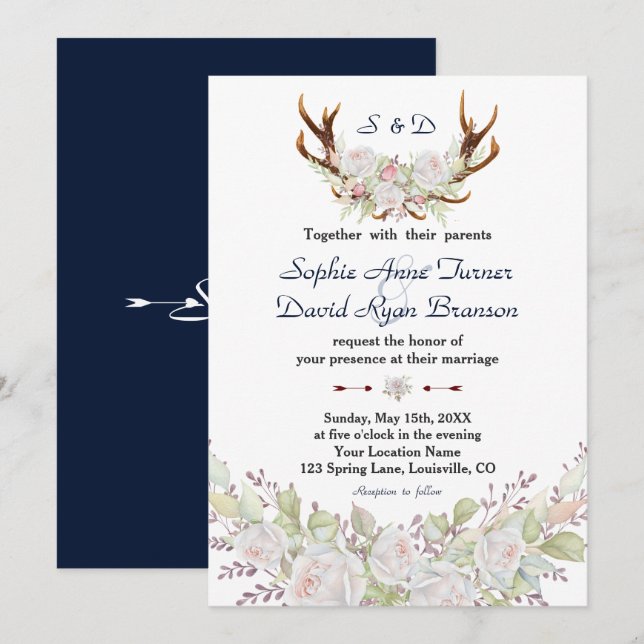 Chic White Roses Burgundy Antlers Navy Wedding Invitation (Front/Back)