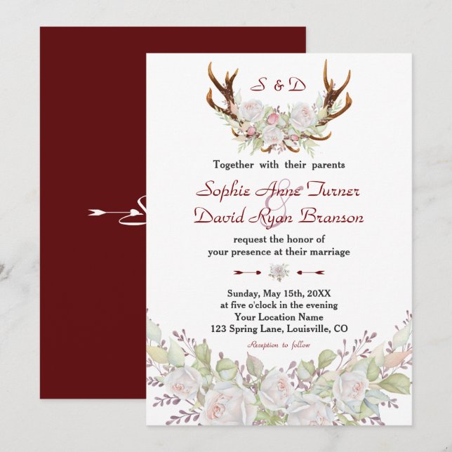 Chic White Roses Burgundy Antlers Wedding Invitation (Front/Back)