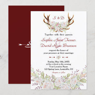 Chic White Roses Burgundy Antlers Wedding Invitation