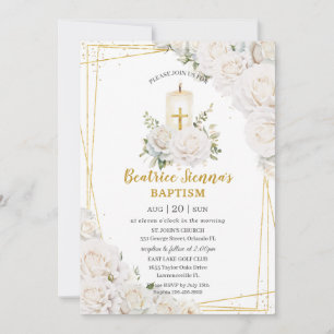 Chic White Roses Floral Baptism Christening Candle Invitation