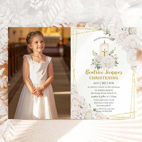 Chic White Roses Floral Baptism Christening Photo Invitation
