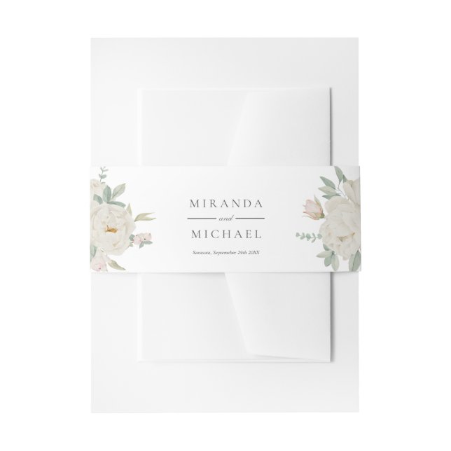 CHIC WHITE ROSES FLOWERS Botanical Monogram Invitation Belly Band (Front Example)