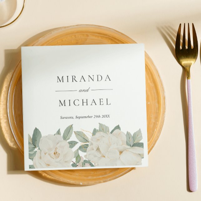 CHIC WHITE ROSES FLOWERS Botanical Monogram Napkins (Creator Uploaded)