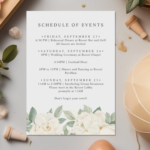 CHIC WHITE ROSES FLOWERS Spring SCHEDULE OF EVENTS Enclosure Card