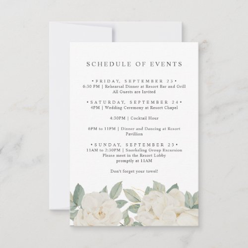CHIC WHITE ROSES FLOWERS Spring SCHEDULE OF EVENTS Invitation