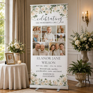 Chic White Roses Funeral Memorial 7 Photo Collage Retractable Banner