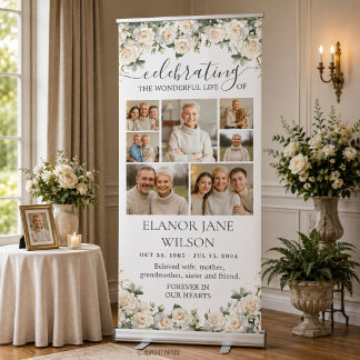 Chic White Roses Funeral Memorial 7 Photo Collage Retractable Banner