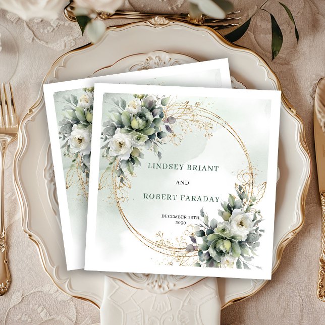 Chic White Roses Greenery Gold Wedding Napkins (Chic White Roses Greenery Gold Wedding Napkins)