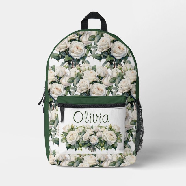 Chic White Roses Printed Backpack (Front)