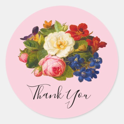 Chic White Roses Red Orange Blue Floral Butterfly Classic Round Sticker