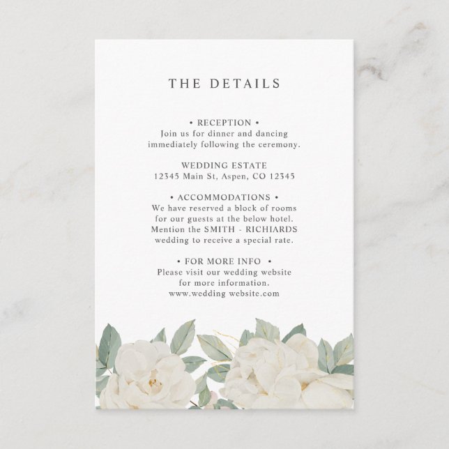 CHIC WHITE ROSES WEDDING- GUEST DETAILS  ENCLOSURE CARD (Front)