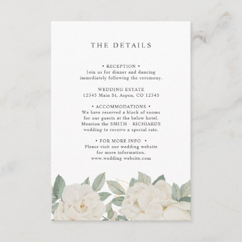 CHIC WHITE ROSES WEDDING_ GUEST DETAILS  ENCLOSURE CARD