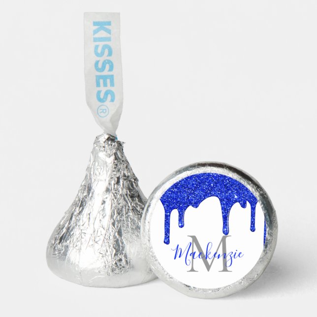 Chic White Royal Blue Glitter Drips Monogram Hershey®'s Kisses® (Front)