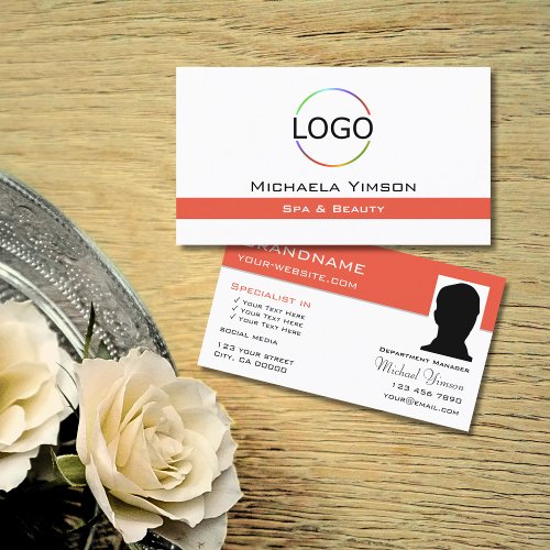 Chic White Salmon with Logo and Photo Professional Business Card