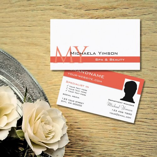Chic White Salmon with Monogram and Photo Classic Business Card