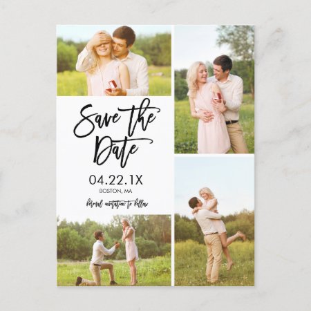 Chic White Save The Date 4-photo Collage Announcement Postcard