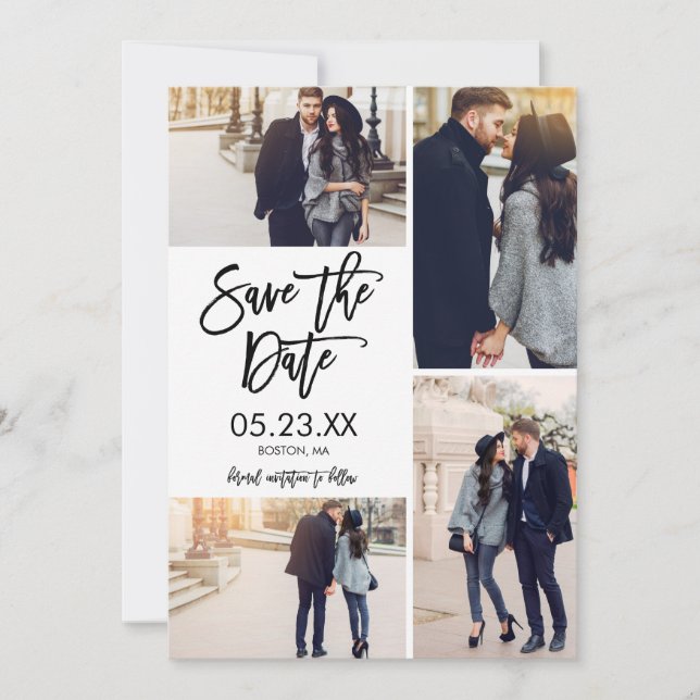Chic White Save The Date 4-Photo Collage Card (Front)