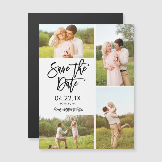 Chic White Save The Date 4-Photo Collage Magnet (Front/Back)