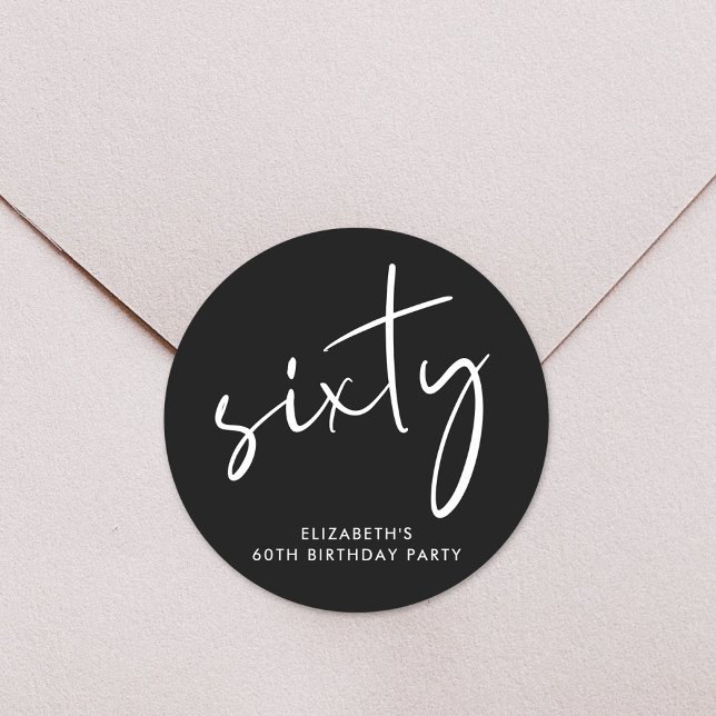 Chic White Script Black 60th Birthday Party Classic Round Sticker (Creator Uploaded)