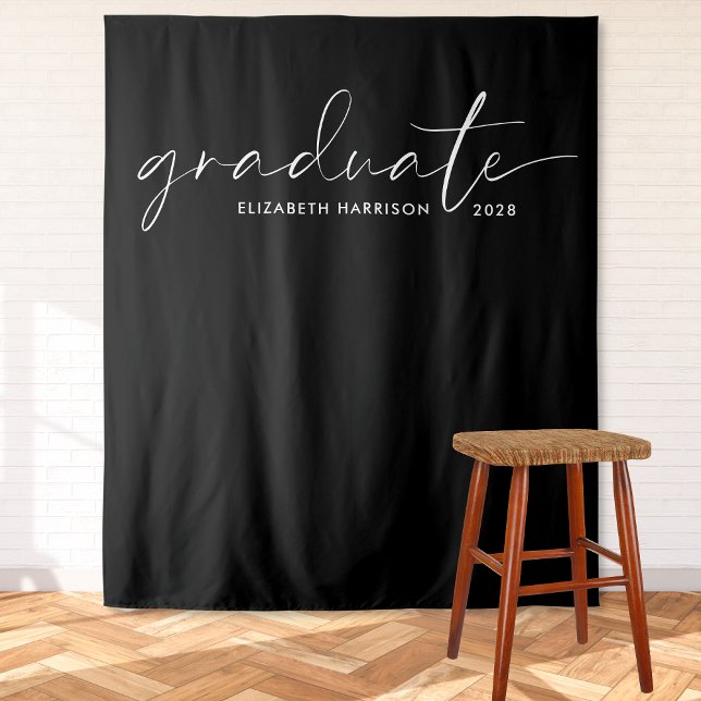 Chic White Script Black Graduation Backdrop (Creator Uploaded)