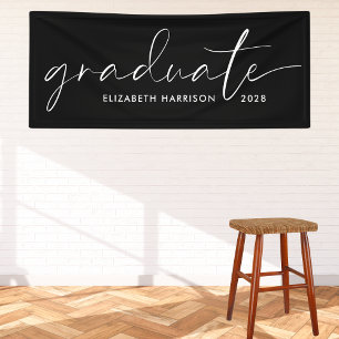 Chic White Script Black Graduation Banner