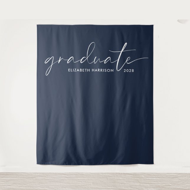 Chic White Script Blue Graduation Backdrop (Front)